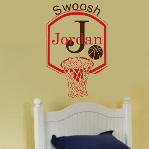 PERSONALIZED BASKET BALL HOOP WITH BASKETBALL INITIAL AND  NAME Vinyl Sticker Wall Decal