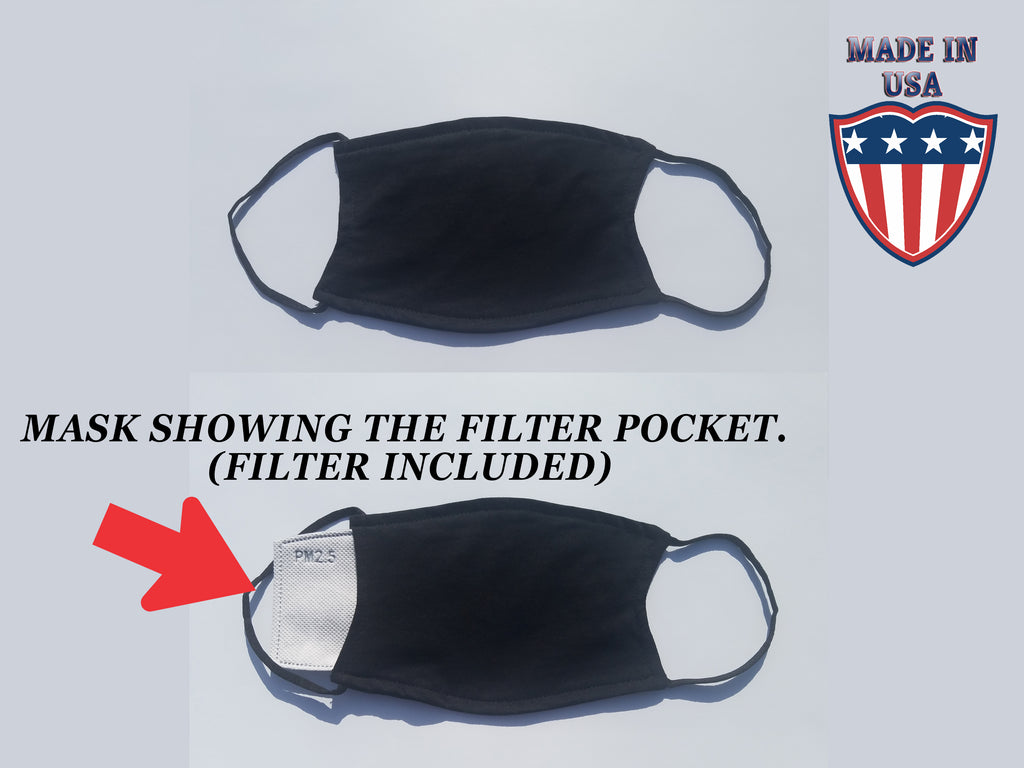 Made In The U S A Unisex Black Adult FACE MASK Washable Reusable with Filter pocket and FILTER